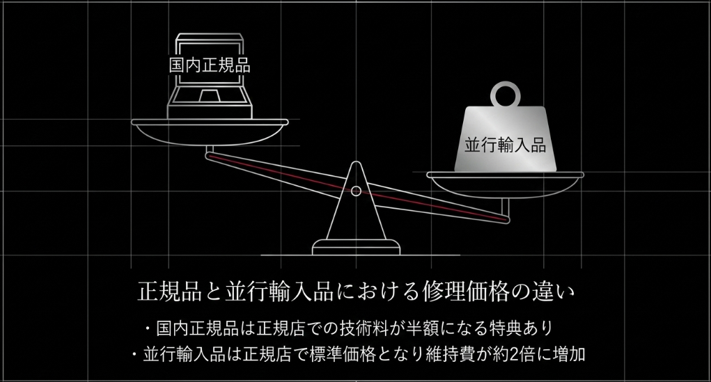国内正規品は技術料が半額になる特典がある一方、並行輸入品は維持費が約2倍に増加することを示す比較表 。