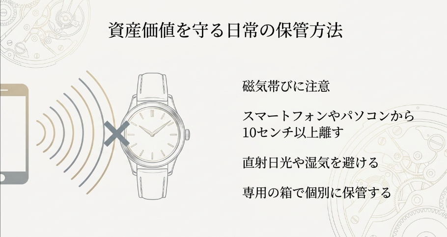 時計をスマートフォンから10センチ以上離して磁気帯びを防ぐ様子や、直射日光・湿気を避けて専用箱で保管することを推奨するイラスト。