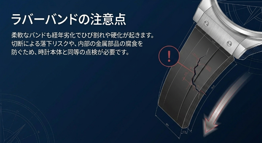 ラバーバンドの経年劣化によるひび割れ、硬化、切断による落下リスクと内部金属部品の腐食に関する注意点