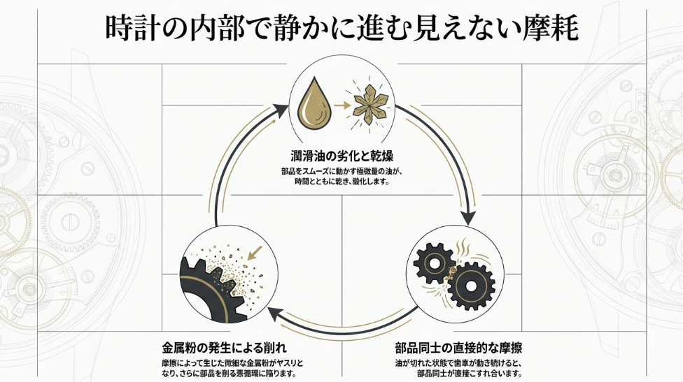 潤滑油が乾き酸化する様子、および油切れによって生じた金属粉が部品を削る摩耗のメカニズムを解説する図解。