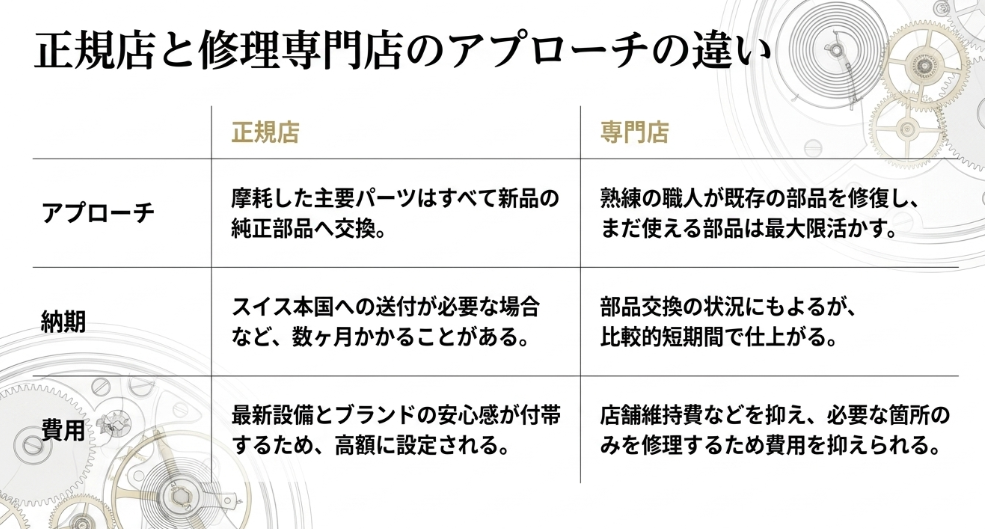 部品交換方針（新品交換か修復か）、納期、費用感の違いを、正規店と専門店で比較した詳細なテーブル。