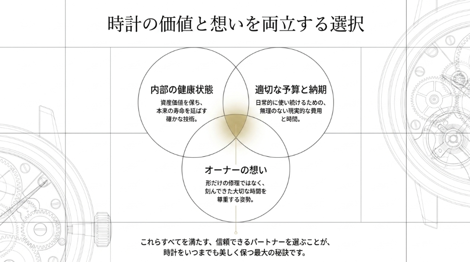 内部の健康（資産価値）、予算と納期（現実的費用）、オーナーの想い（大切な時間）の3要素が重なることで最適な修理が実現することを示す図。