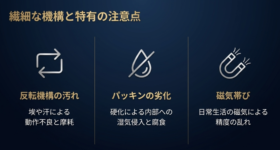 時間の遅れやリューズの重さといった劣化のサイン と、放置した際に生じるパーツ摩耗や内部のサビなどのリスク のまとめ。