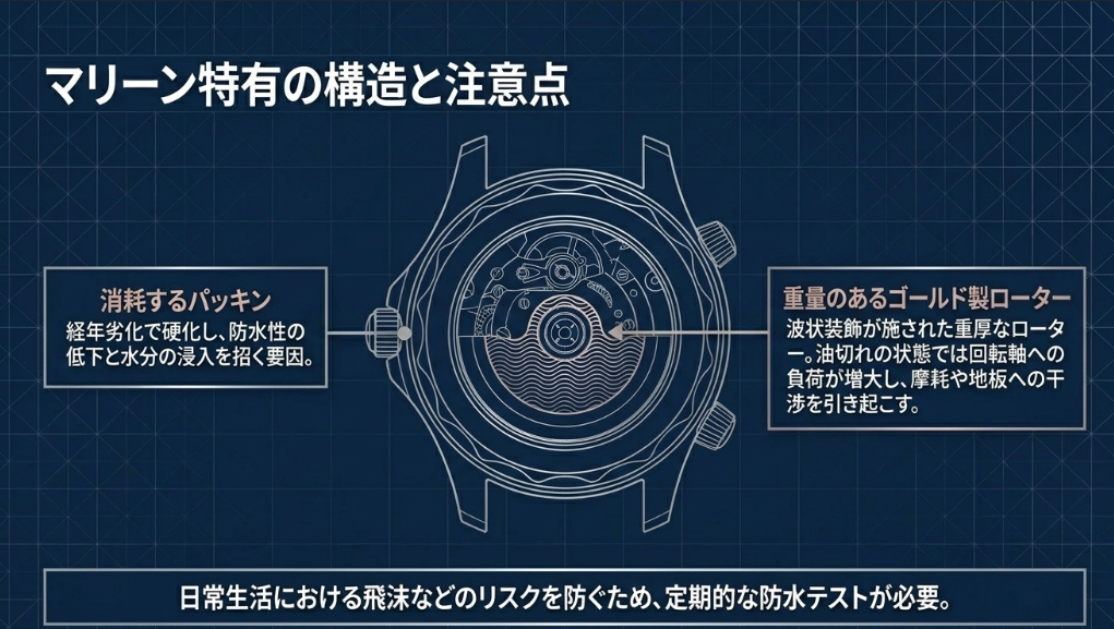 ブレゲ・マリーンの内部構造図。消耗するパッキンによる防水性低下のリスクと、重量のあるゴールド製ローターが回転軸に与える負荷について解説。