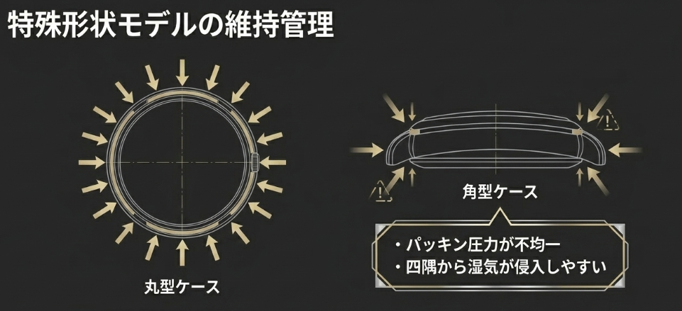 角型ケースのパッキン圧力が不均一で四隅から湿気が侵入しやすい構造と、洗浄・気密性再構築の必要性を示す比較図