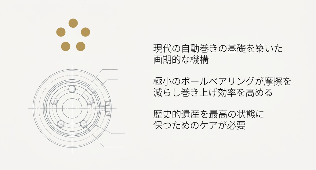 現代の自動巻きの基礎を築いたエテルナマチックの図解。5つの極小ボールベアリングが摩擦を減らし、巻き上げ効率を高める仕組みを示している。
