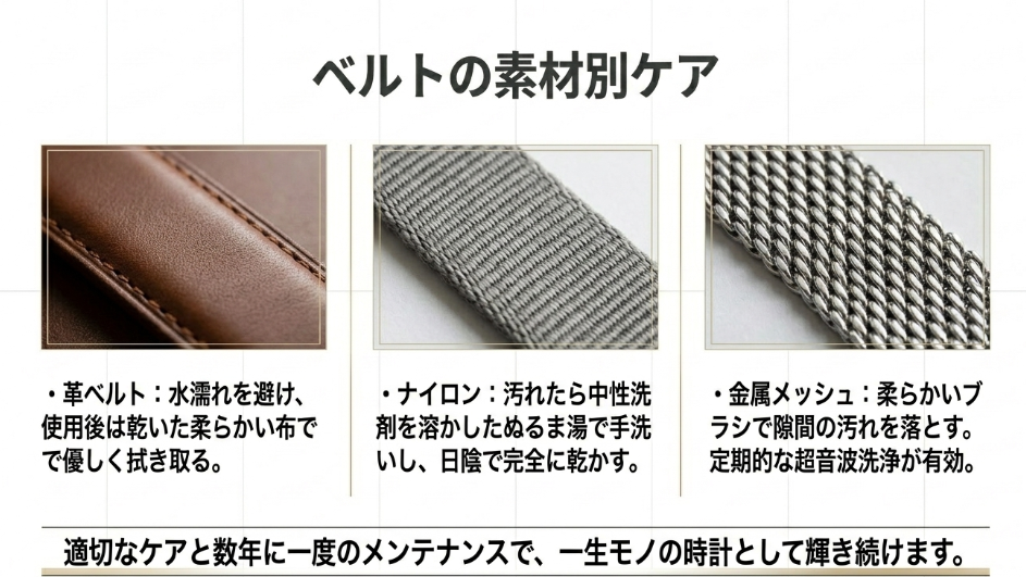 革ベルト（拭き取り）、ナイロン（手洗い）、金属メッシュ（ブラシ・超音波洗浄）の素材に合わせた具体的なケア方法を写真付きで解説したスライド