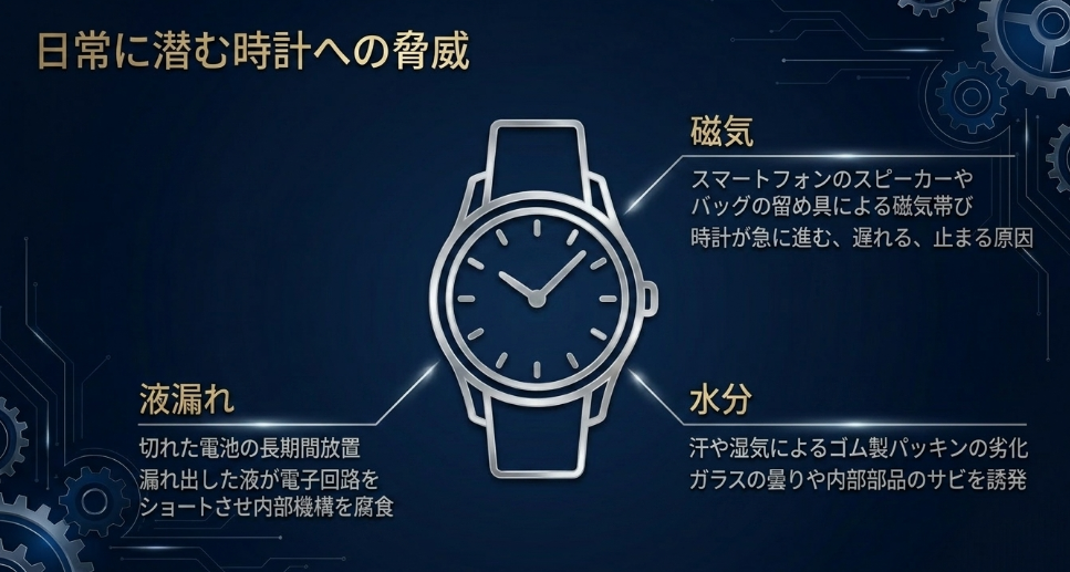 スマートフォンの磁気帯び、電池の液漏れによるショート、汗などの水分によるパッキン劣化といった時計の内部機構への脅威を解説したスライド