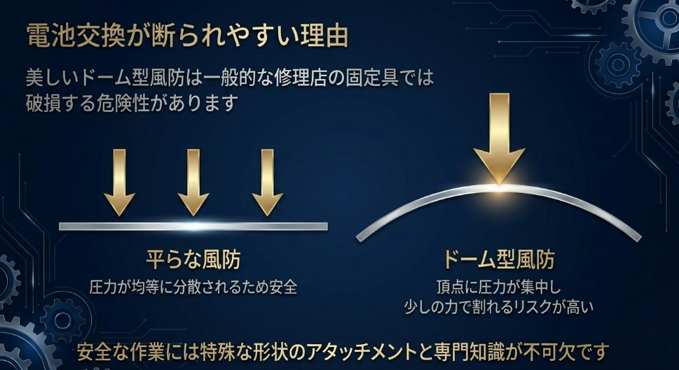 平らな風防とドーム型風防の圧力分散の違いを示し、一般的な修理店で電池交換が断られやすい理由と専用アタッチメントの必要性を解説した図
