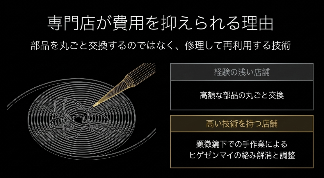 高額な部品を丸ごと交換するのではなく、顕微鏡下での手作業によるヒゲゼンマイの絡み解消など、修理して再利用する技術を図解したスライド