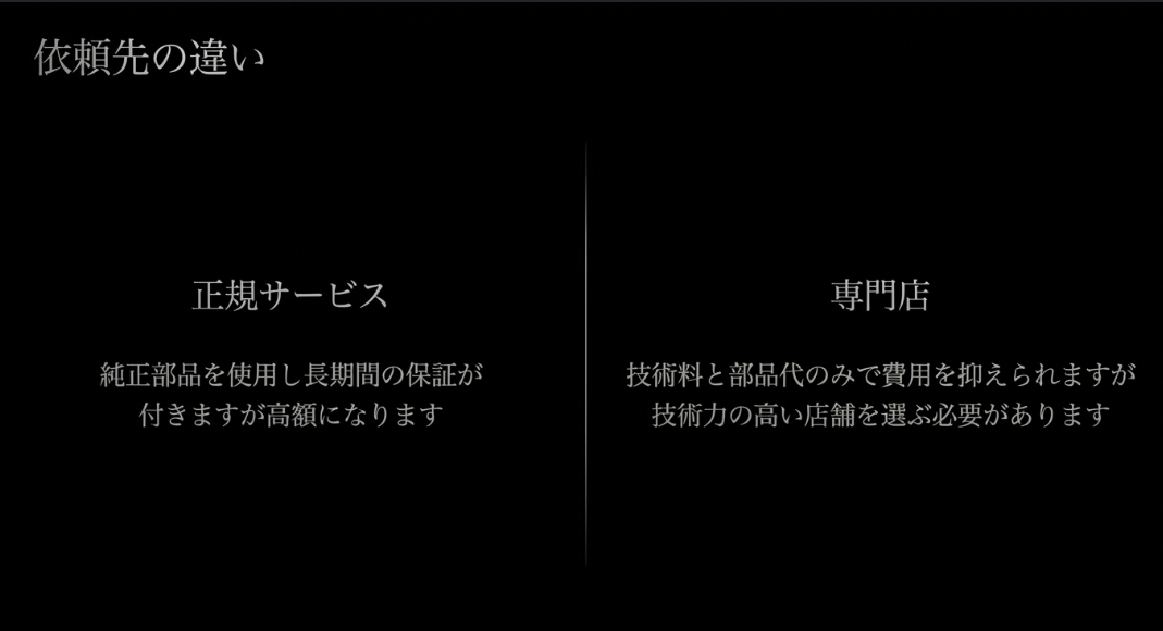 時計修理の依頼先の違い。純正部品で長期保証が付くが高額な「正規サービス」と、費用を抑えられるが技術力の高い店舗選びが必要な「専門店」の特徴を比較したスライド。