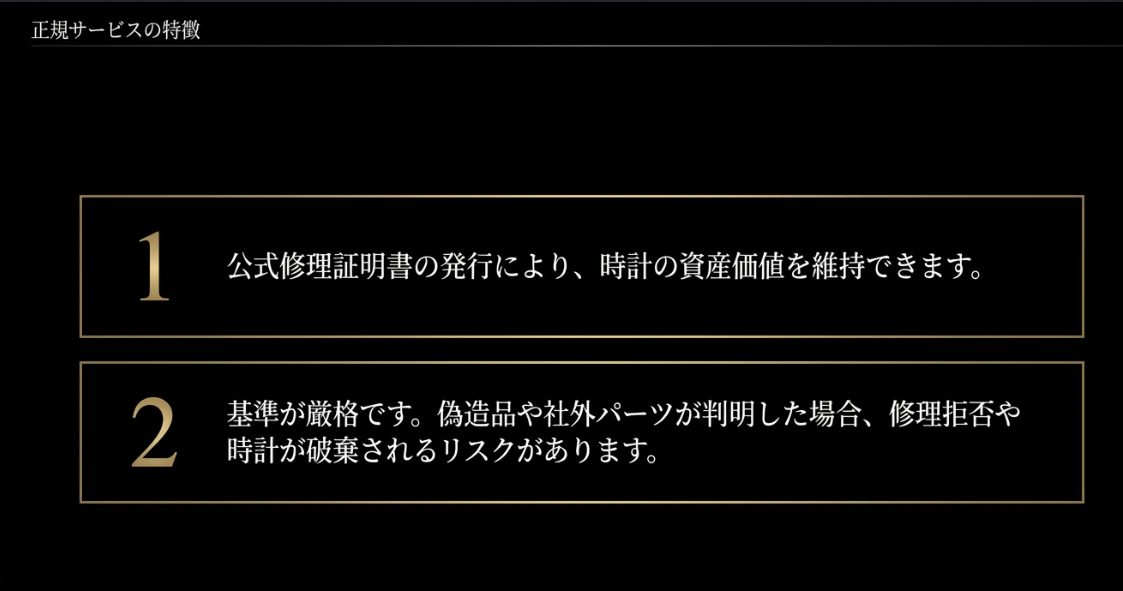 公式修理証明書の発行による資産価値の維持や、偽造品や社外パーツが判明した場合の破棄リスクなど、正規サービスの特徴をまとめたスライド