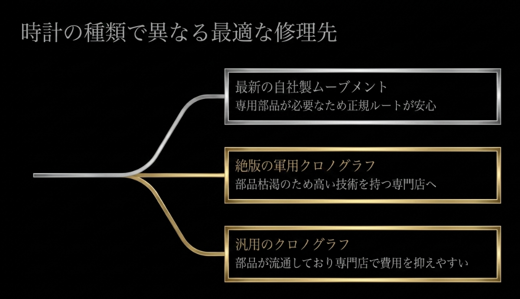 最新自社ムーブメントは正規ルート、絶版軍用クロノグラフや汎用クロノグラフは専門店といった時計の種類別最適な修理先を示す図