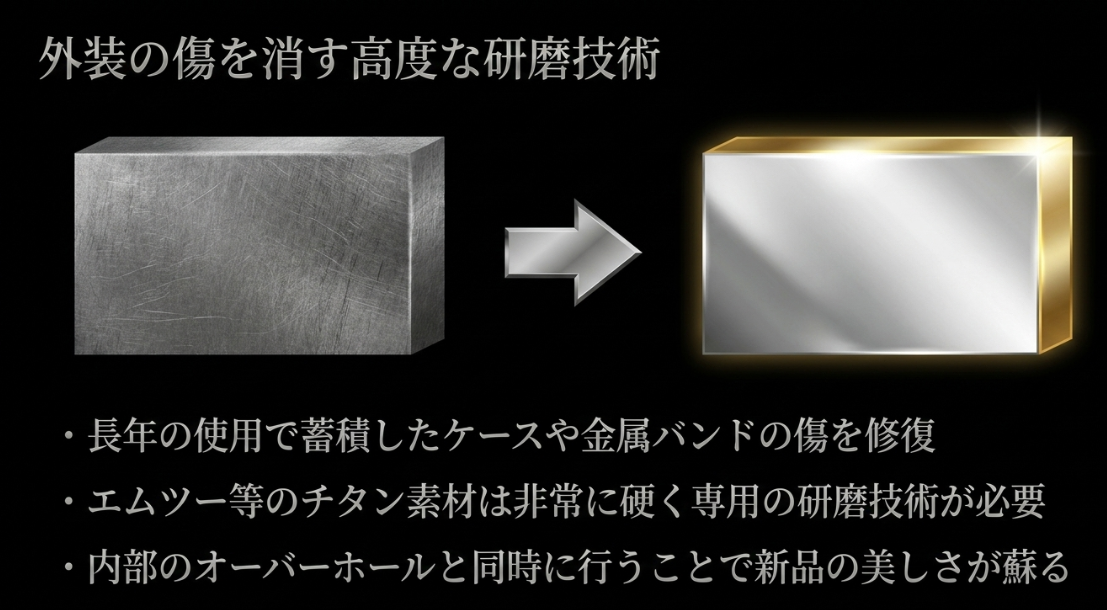 長年の使用で蓄積したチタン素材などの傷を修復する高度な研磨技術を示す金属ブロックのイメージ