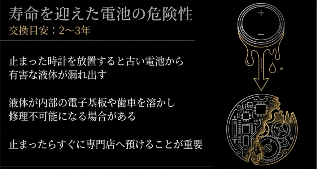 電池の交換目安が2〜3年であること、また止まった時計を放置すると古い電池から有害な液体が漏れ出して電子基板や歯車を溶かし、修理不可能になる危険性があることを示したクォーツ回路のイラストスライド。