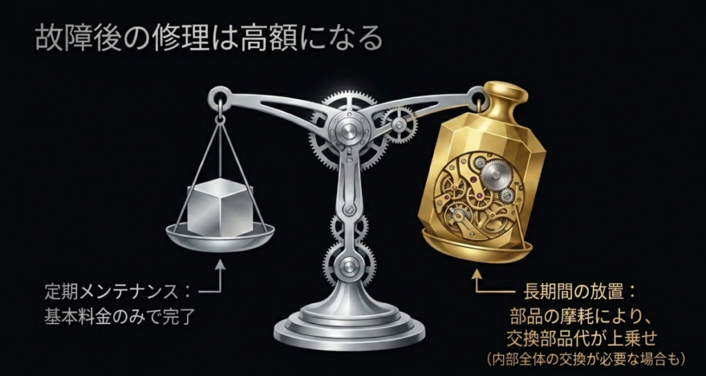 エポス時計の故障後の修理費用リスク。定期メンテナンスは基本料金のみで完了するが、長期間放置すると部品の摩耗により交換部品代が上乗せされ、内部全体の交換が必要になる解説。