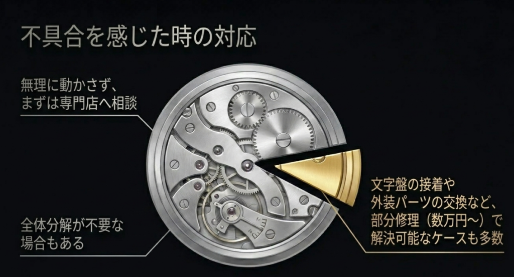 時計に不具合を感じた時の対応。無理に動かさずまずは専門店へ相談。全体分解が不要な場合もあり、文字盤の接着や外装パーツの交換など部分修理で解決可能なケースも多数ある解説とムーブメント図。