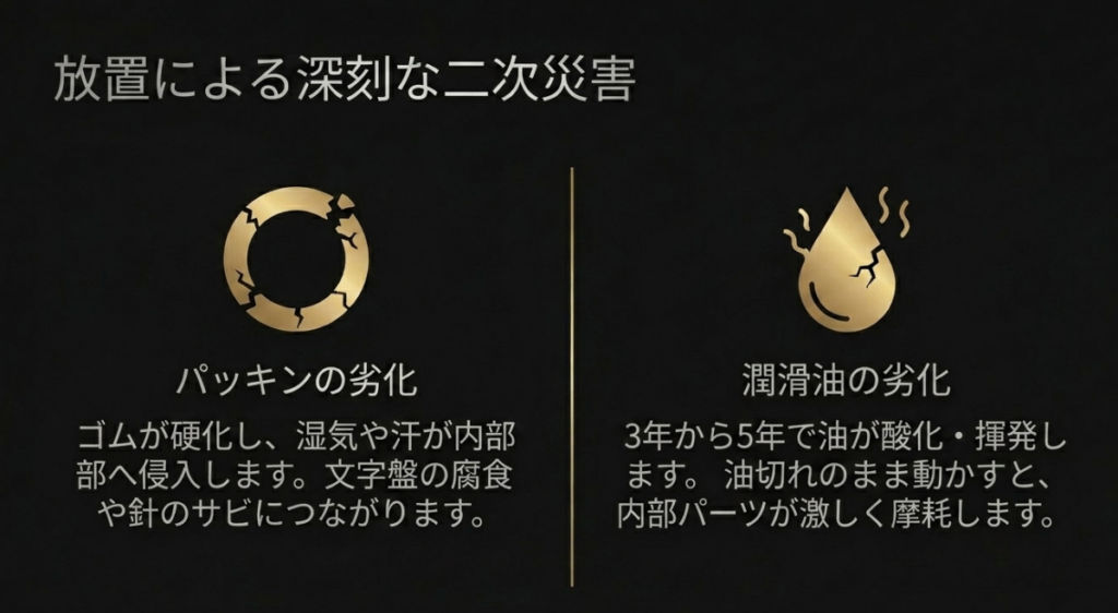 ひび割れた時計と油滴のイラストを背景に、「放置による深刻な二次災害」「パッキンの劣化：ゴムが硬化し湿気や汗が内部へ侵入、文字盤の腐食や針のサビにつながる」「潤滑油の劣化：3年から5年で油が酸化・揮発、油切れのまま動かすと内部パーツが激しく摩耗」と記載されたスライド画像。
