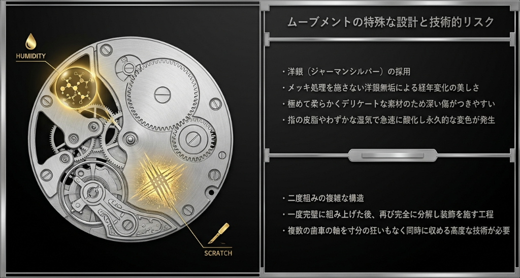 ランゲアンドゾーネのムーブメントに採用される洋銀（ジャーマンシルバー）の特性と、二度組みの複雑な構造による技術的リスク