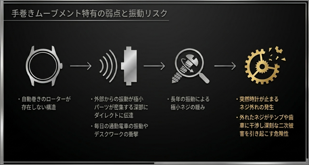 手巻き時計における極小ネジの緩みや、自動巻きローターが存在しないことによる外部からの振動リスク