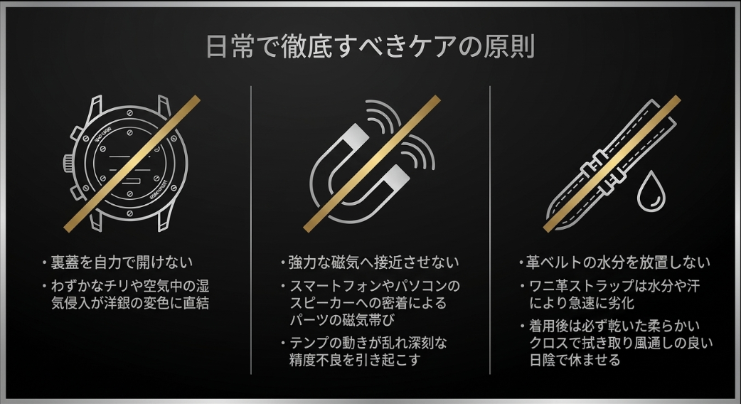 裏蓋の開封禁止、強力な磁気への接近回避、ワニ革ストラップの水分対策など、日常で徹底すべき時計ケアの原則